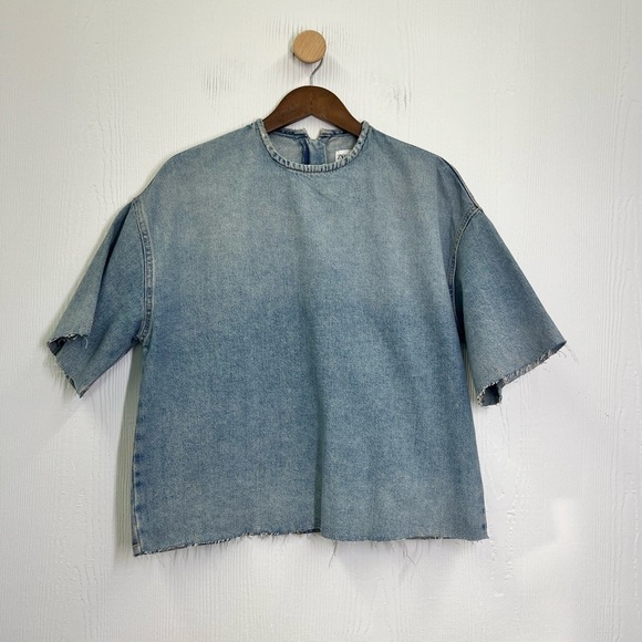 Zara - Blue Stonewashed With Frayed Hemline Denim Short Sleeve Shirt Size XS - Picture 9 of 12